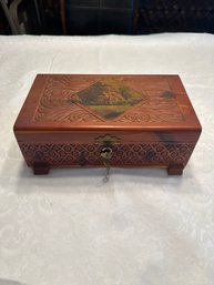Vintage Hand Carved Wooden Box 10 1/2 X 6 X 4 With Lock And Key In Very Nice Condition Great For The Dresser