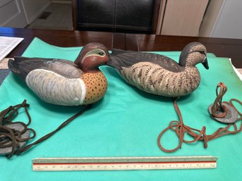 Two Hand Painted Plastic Wood Duck Decoys With Weights