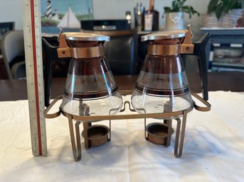 Vintage MCM Copper And Glass Double Syrup Pitchers With Candle Warmer Tray