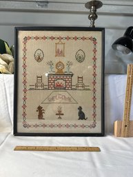 Vintage 1940s Handmade Framed Cross Stitch Sampler Welcome