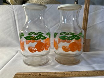 Pair Of Vintage Anchor Hocking Orange Juice Glass Carafes Pitchers Jugs USA #26 With Original Lids Excellent