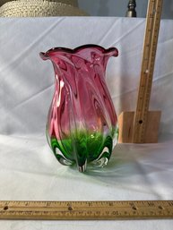 Vintage Teleflora Watermelon Swirl Art Glass Vase Ruffled Edges Cranberry Clear Green Glass Excellent