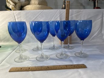 Set Of 8 Vintage Crystal Wine Glasses Cobalt Blue Cup With Clear Stem