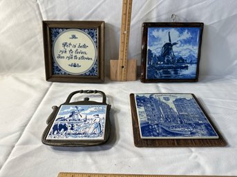 Lot Of Delft Blue Hand-painted Wall Tiles With Wooden Frames And Trivet