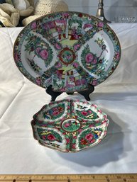 Pair Of Chinese Rose Medallion Porcelain Plates Hand Decorated Plates An Oval Platter And A Small Serving Dish