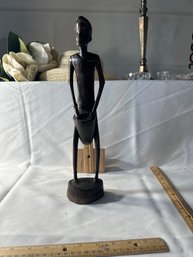 Vintage African Hand Carved Wood Figure Of Man Playing Drum Tall And Skinny