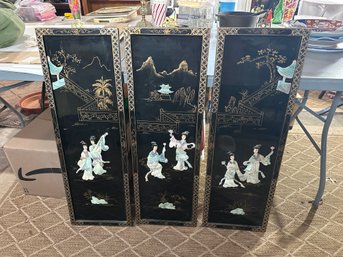 Vintage Oriental Black Lacquer Chinese Asian 3 Panels Mother Pearl Wall Decor