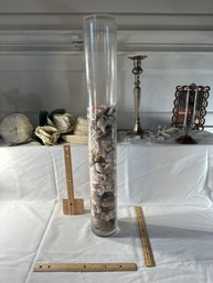 Large Round 28 Inch Clear Glass Vase Filled With Shells. Please See Photos Definitely Needs Cleaning.
