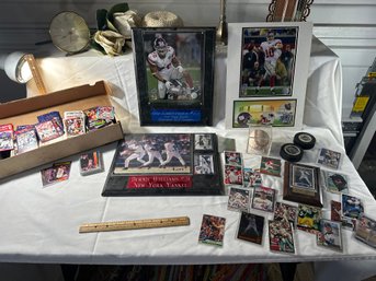 Baseball Football Hockey Basketball Memorabilia Lot Cards Signed, Signed Puck Signed Ball Placques See Photos
