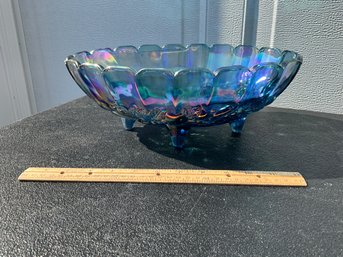 Indiana Vintage Carnival Glass Footed Oval Fruit Bowl Blue Iridescent