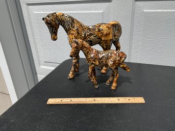 Safari Jungle Patchwork Glazed Horses Statue Figurine Decor Set Of Two