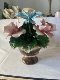Vintage Nuova Capodimonte Ceramic Pink Roses Blue Iris Flowers