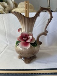 Italian Porcelain Nuova Capodimonte I. I. E. Pitcher Vase-Pink Rose-Hand Painted Brown And White Ombr Design