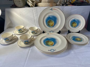 Serving For 4 Mid-Century Airforce Dish Set American Ceramic Industries 22 Carat Gold