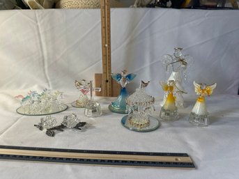 Lot Of Glass Crystal Spun Glass Figurines, Angels Horses Cross Roses See Photos