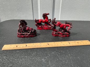 Vintage Set Of 3 Chinese Little Horses Figurines Red Resin By Producer Price
