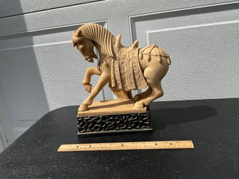 Vintage, Large Resin Tang Parade Horse Sculpture On Carved Base
