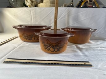 Vintage Pyrex Old Orchard Brown Casserole Set Of 3 With Lids 473, 474, 475 Excellent Condition