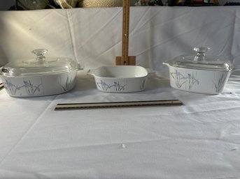 5 Piece Set Of Corning Ware Shadow Iris 3 Liter 1.5 Liter With Lids And 1 Liter Casserole Dishes