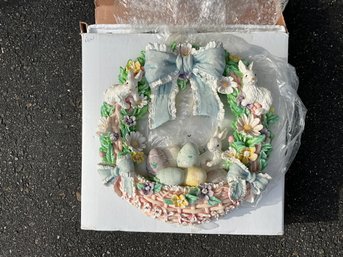 13' Inch Hand Painted Easter Resin Wreath Bunny Holiday Seasonal Spring New In Box