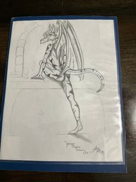 Pencil Sketch Of A Dragon-like Creature, Labeled Young Alesta Showing Off