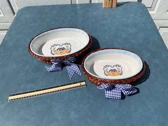 2 X  1995 Oval Stoneware Ceramic Casserole Dish With Wicker Serving Baskets