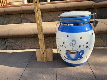 Inspirado StoneLite Blue White Biscotti Cookie Jar Canister Hinged Lid Ceramic