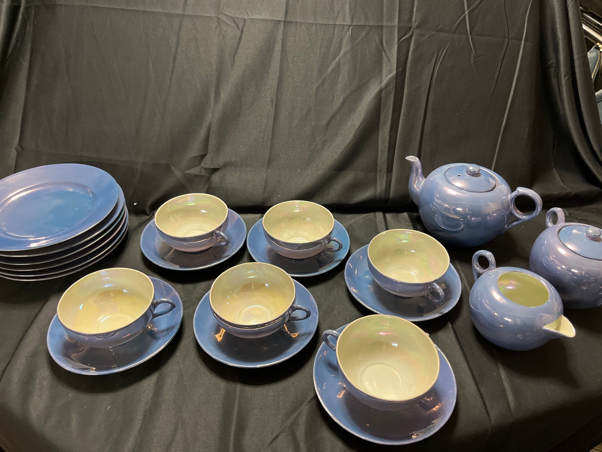 Vintage Blue Opalescent Lusterware Tea Set For Six Please See All