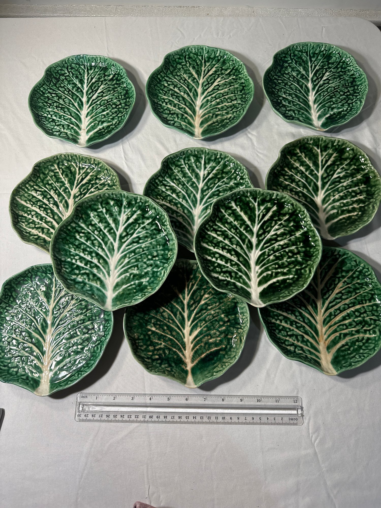 Set Of 11 Vintage Secla Made In Portugal Cabbage Leaf Green Plates All