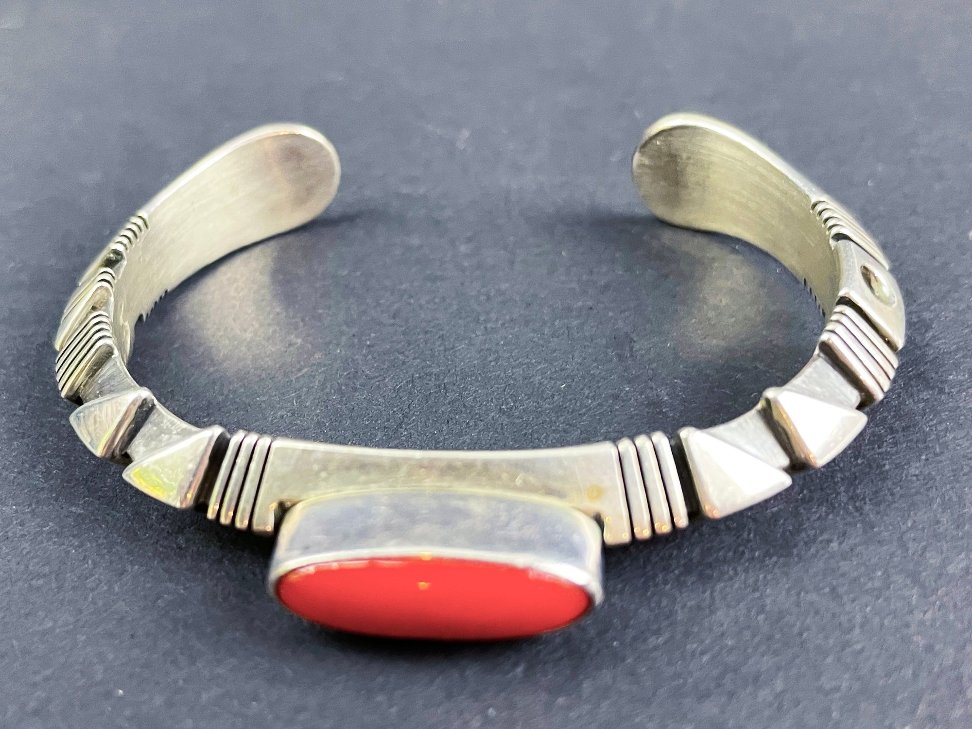 Native American Sterling Silver Coral Stone Bracelet Signed By