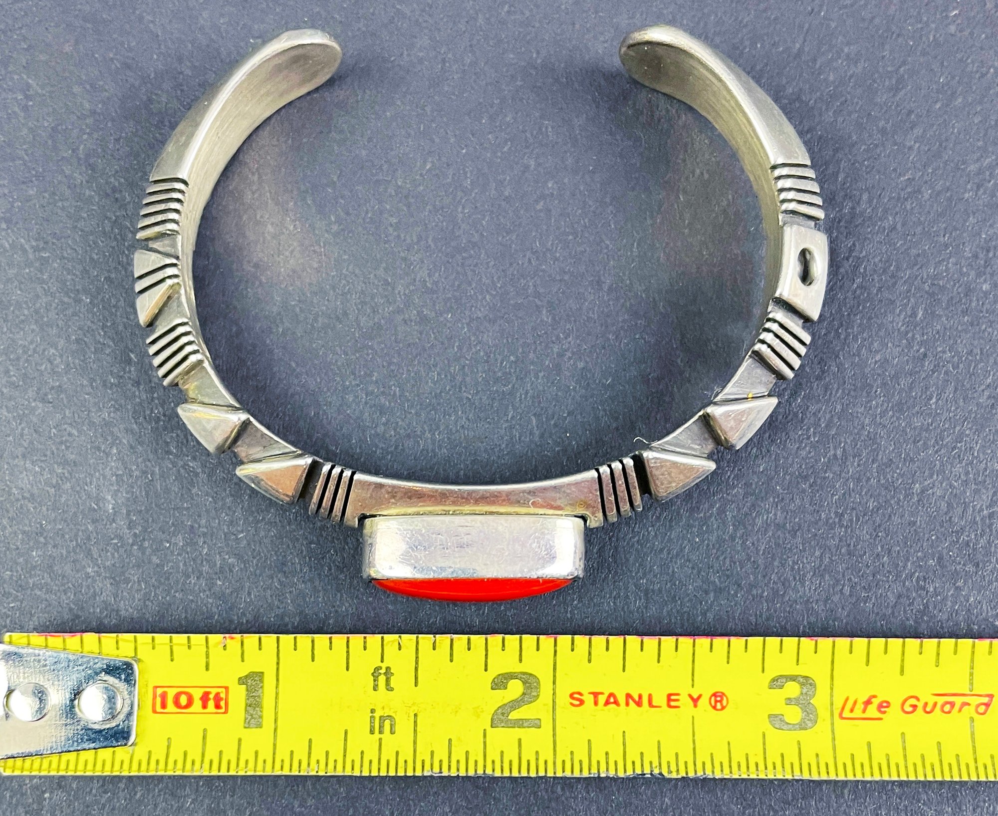 Native American Sterling Silver Coral Stone Bracelet Signed By