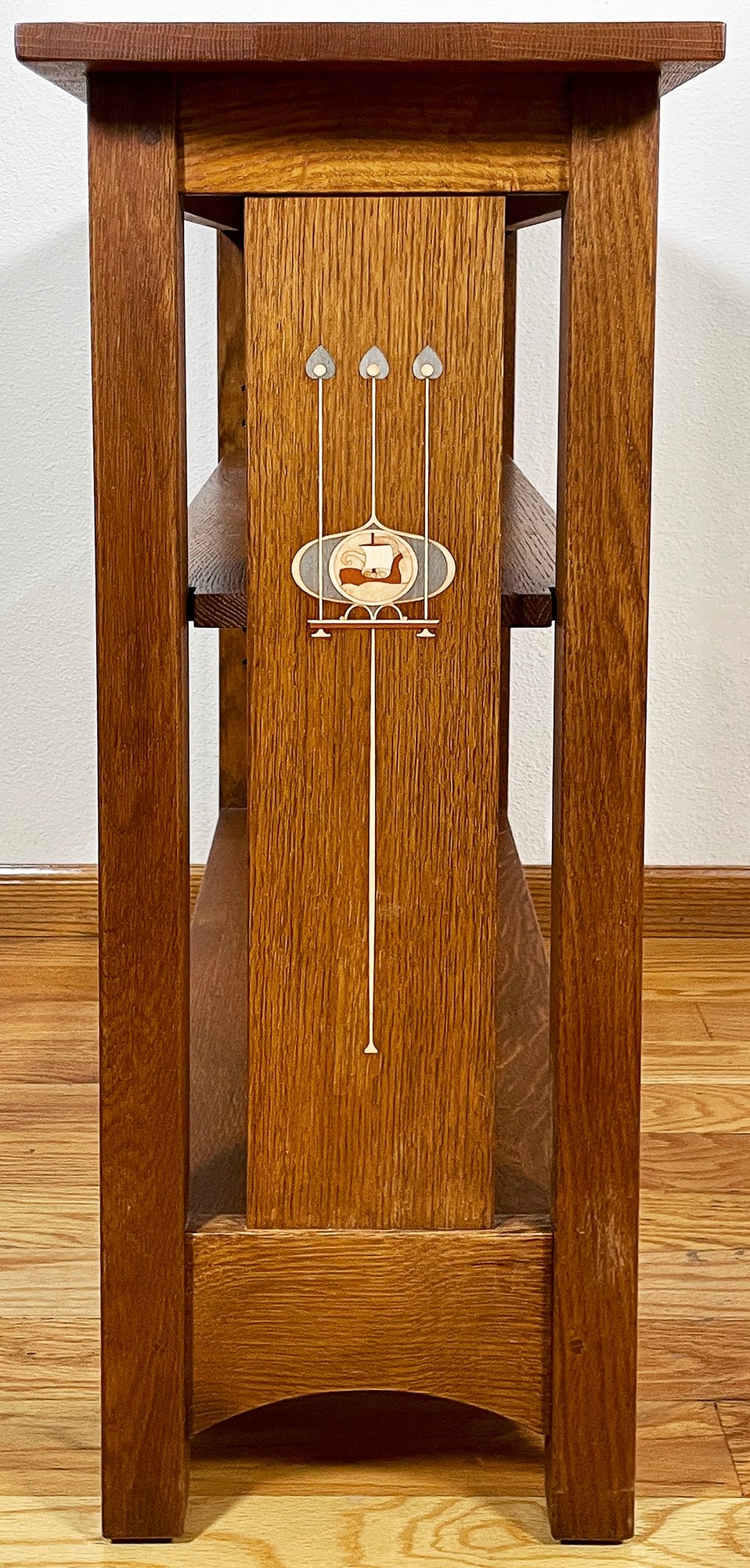 Stunning Stickley Bookshelf With Viking Ship Inlay Detail To Both Sides