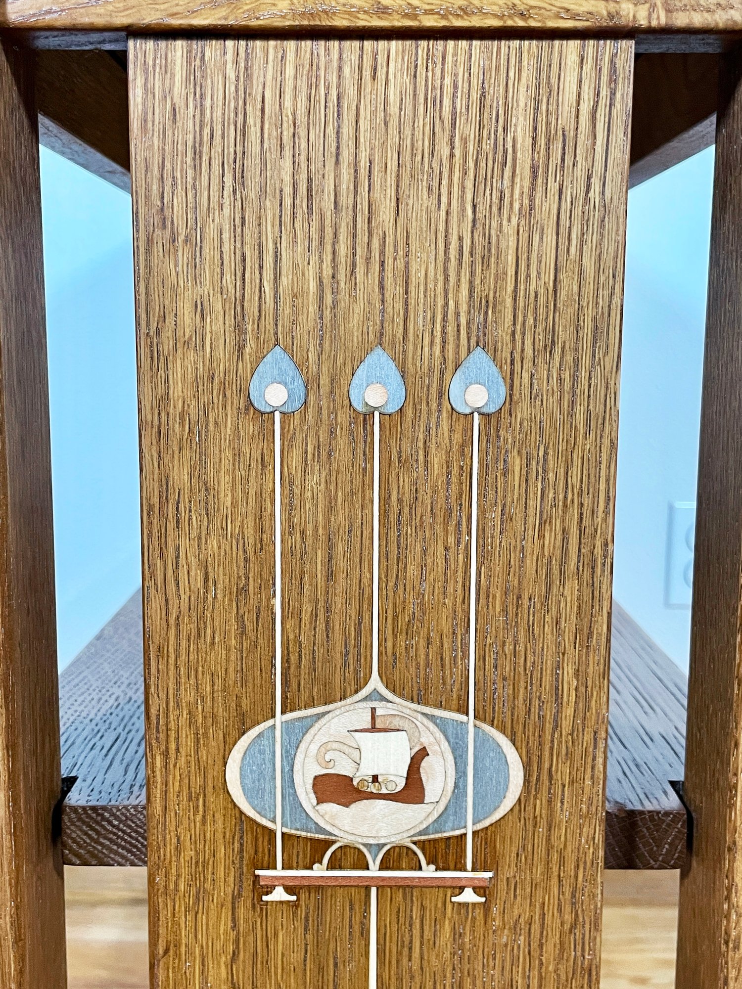 Stunning Stickley Bookshelf With Viking Ship Inlay Detail To Both Sides