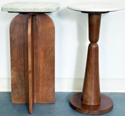 2 Mid Century Style Wood And Marble Or Polished Stone Top Pedestal Stands Or Accent Tables