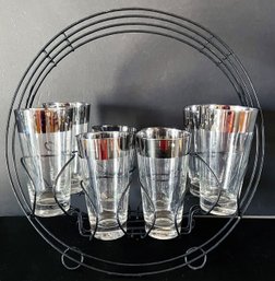 Super Fun Silver Rimmed Mid Century Highball Glasses In Unique Carrier
