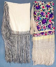 2 Elegant Vintage Silk Piano Shawls, One With Beautiful Colorful Hand Embroidered Floral Design