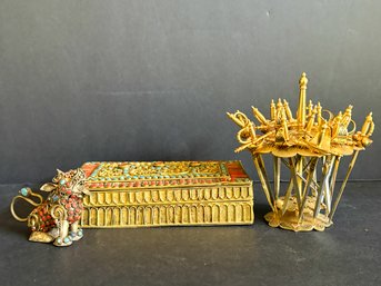 Antique Tibetan Brass Filigree Trinket Box With Inlay Stone And Foo Dog, & Spanish Sword Cocktail Pick Set