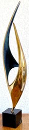 Stunning 80's Modern Signed Bob Bennett Brass Flame Sculpture On Marble