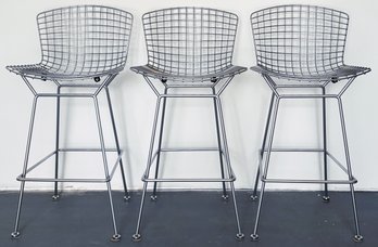 3 Harry Bertoia For Knoll Bar Stools With Black Leather Seat Pads