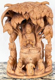 Stupendous Carved Wood Statue Of Buddha And His Students
