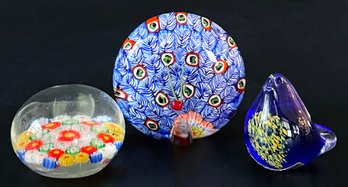 3 Art Glass Paperweights Including Norse Glasskunst