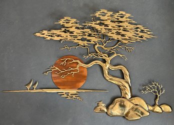 Incredible And Rare Large Vintage 1980s Bijan Brass And Copper Bonsai Tree With Moon Wall Art