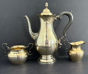 Vintage Sterling Silver Tea/coffee Pot, Sterling Silver Sugar Bowl And Sterling Silver Creamer, 824 Grams