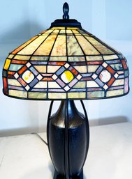 Mission Tiffany Style Quoizel Lamp With Heavy Base And Stained Glass Shade