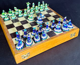 Vintage Banaras Gulabi Meenakari Silver And Enamel Chess Set With Case And Stone Chess Board
