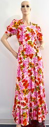 Vintage 1970s Puff Sleeve Prairie Cottage Long Maxi Dress With A Pink And Orange Floral