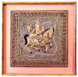 Lovely Vintage Burmese Kalaga Embroidered Dimensional Horse And Rider In Frame