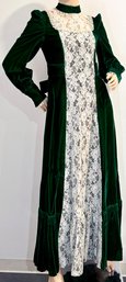 Vintage 1970s Green Velvet Maxi Prairie Dress With Lace Applique