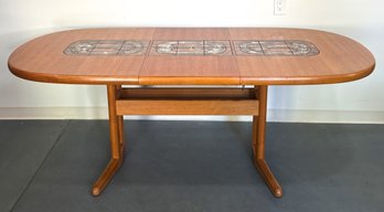Teak Dining Table By Ansager Mobler With Trestle Base, Tile Inlay By Ox Art, & 1 Self Storing Leaf,