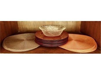 16 Placemats, 11 Chargers, And Christmas Themed Pressed Glass Bowl